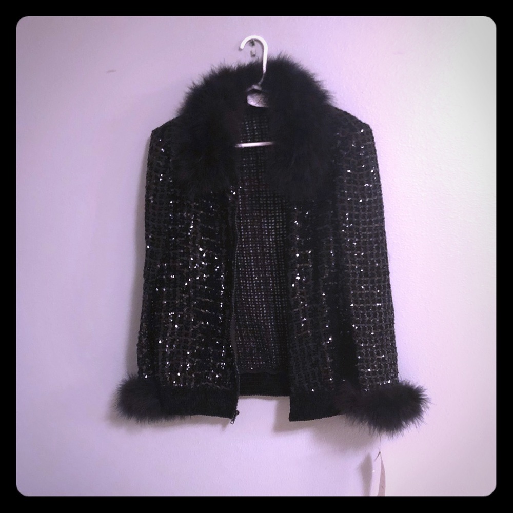Vintage Feathered Sequenced Black Jacket